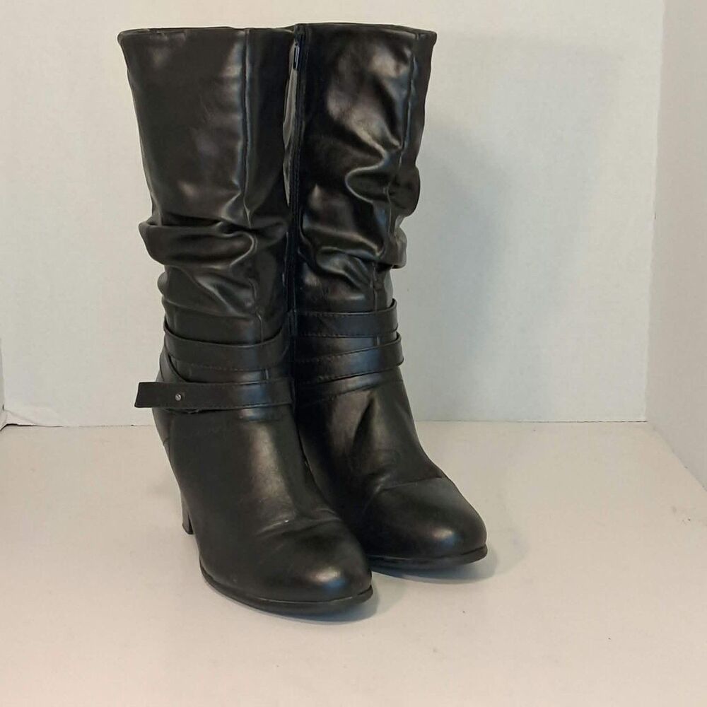 Vienna Black Faux Leather Slouchy Mid Calf Boots US 8M Strappy Buckle 14 in